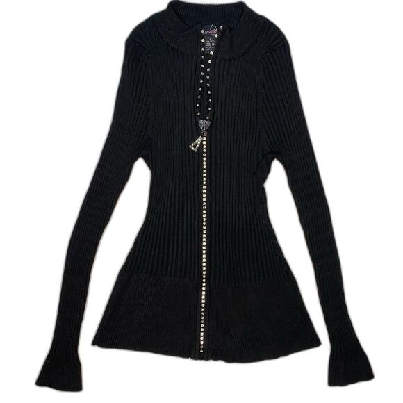 Vtg QUESTIONS Sweater Rhinestone Full Zip Stretch Fitted Ribbed Womens L Black - Picture 1 of 8